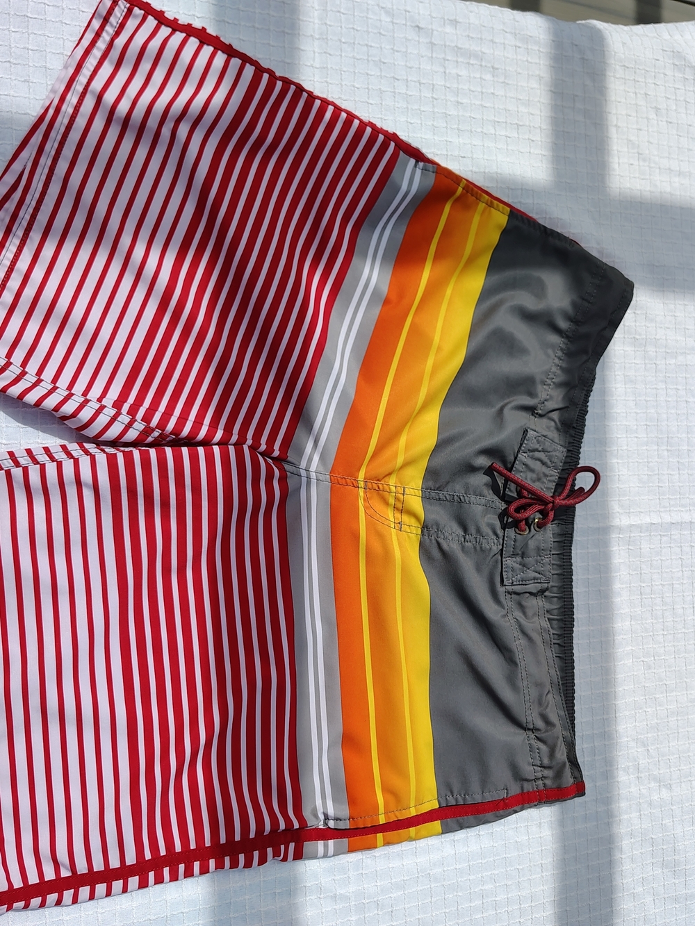 George Men's Red Striped Swim Board Shorts with Orange and Yellow Panels